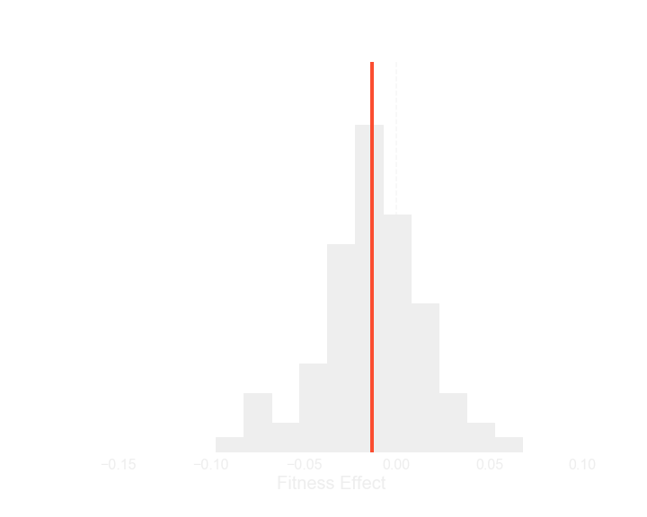 interactive graph of a real distribution of fitness effects from the data for one strain; the slider below let's you scroll from less fit to more fit strains, and you can see the distribution shifts more deleterious for more fit strains